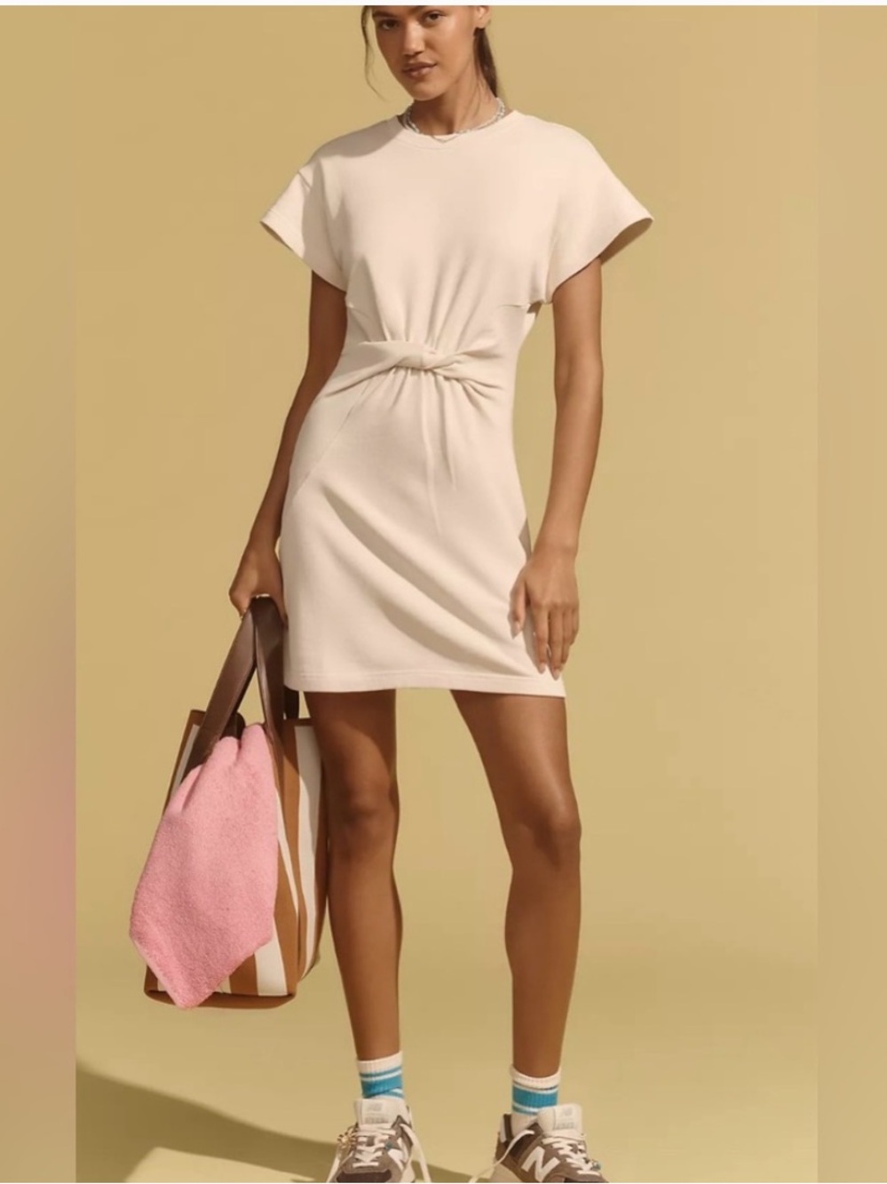 NWOT LSPACE Short Sleeve Knit Mini Dress with Knot Detail Natural, Small